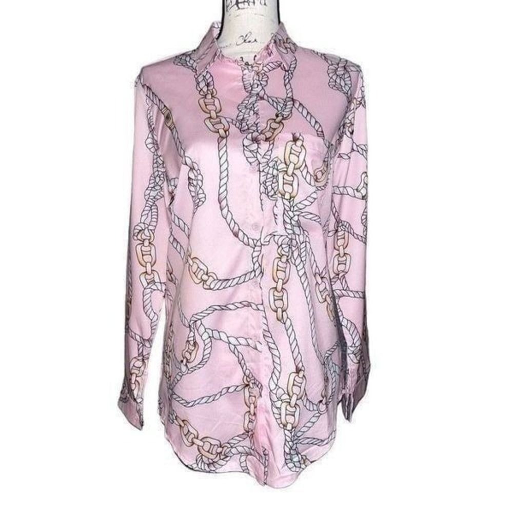 CBR Chic Boutique Rose Pink Nautical Rope Chain Print Button Down Blouse NEW
